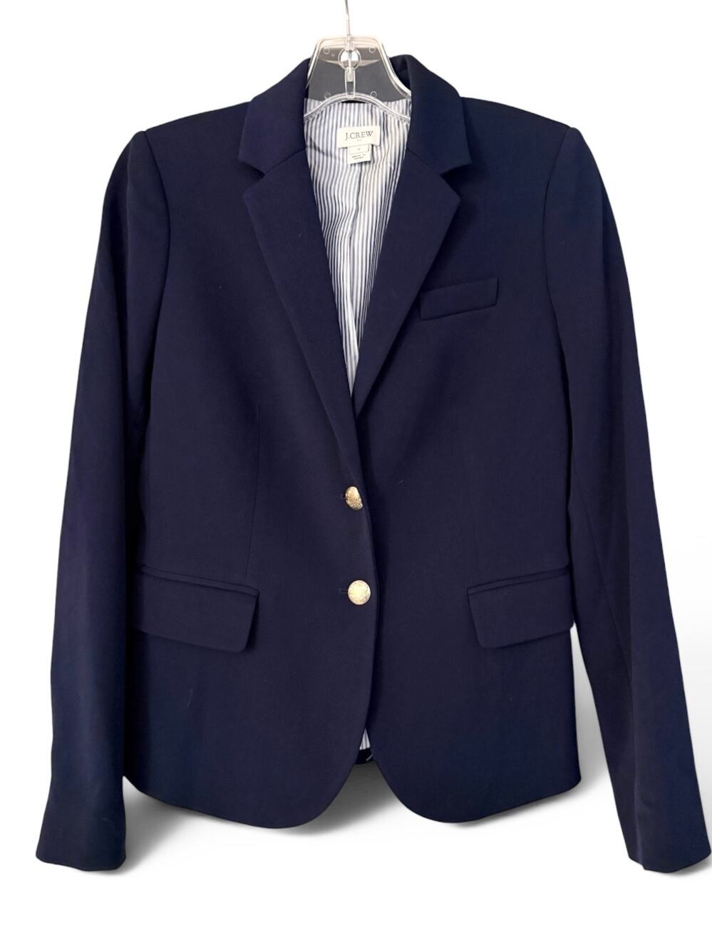 J.Crew Schoolboy Blazer Navy Gold Crest Buttons Striped Lining Size 2